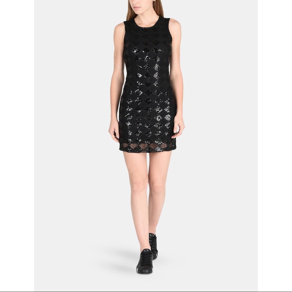 Armani Exchange Black Sequin Argyle Scoopneck Sleeveless Sheath Mini Dress